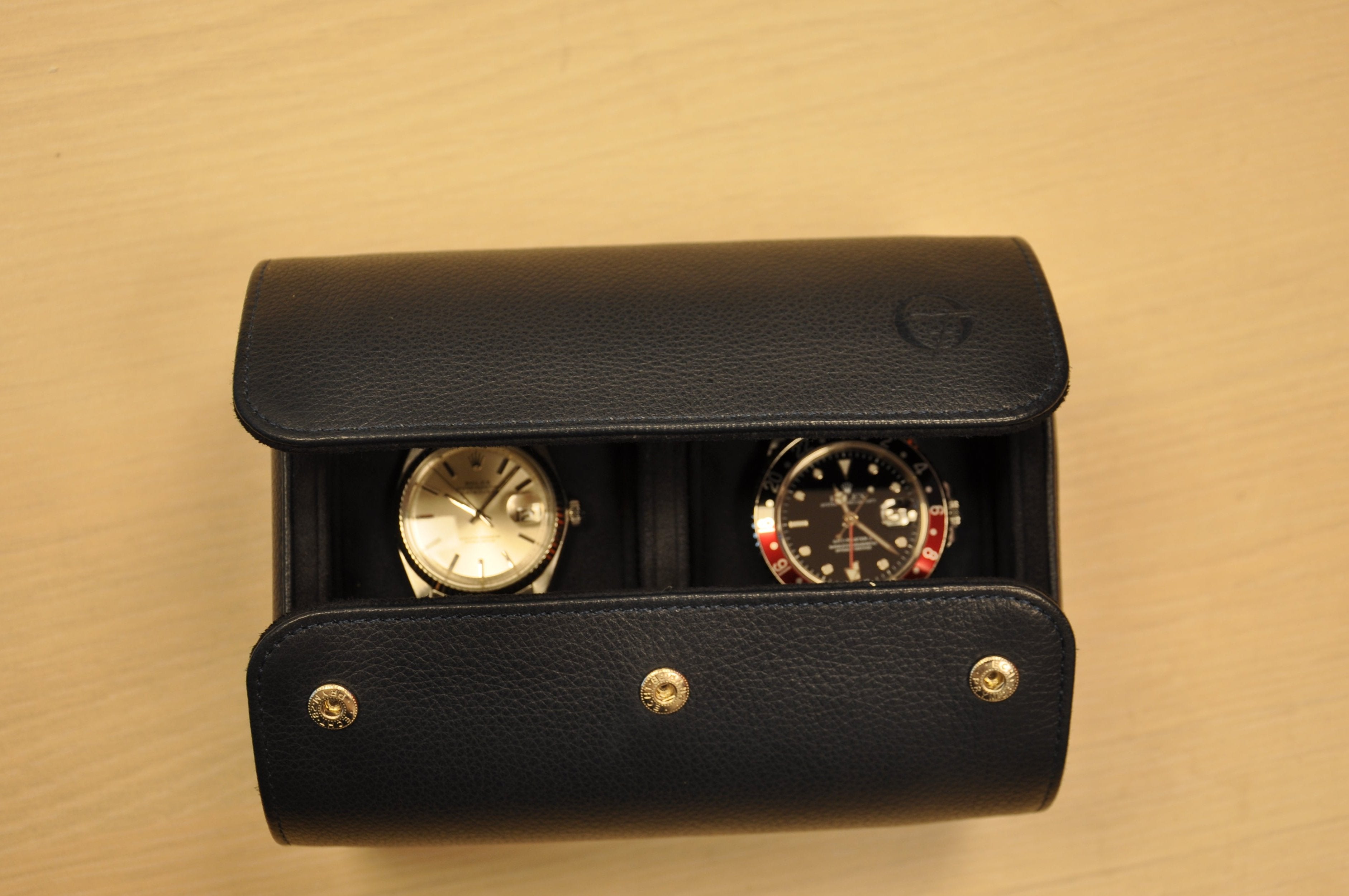 alt="Two-slot leather watch roll for travel and storage – Old Fashioned Luxury"