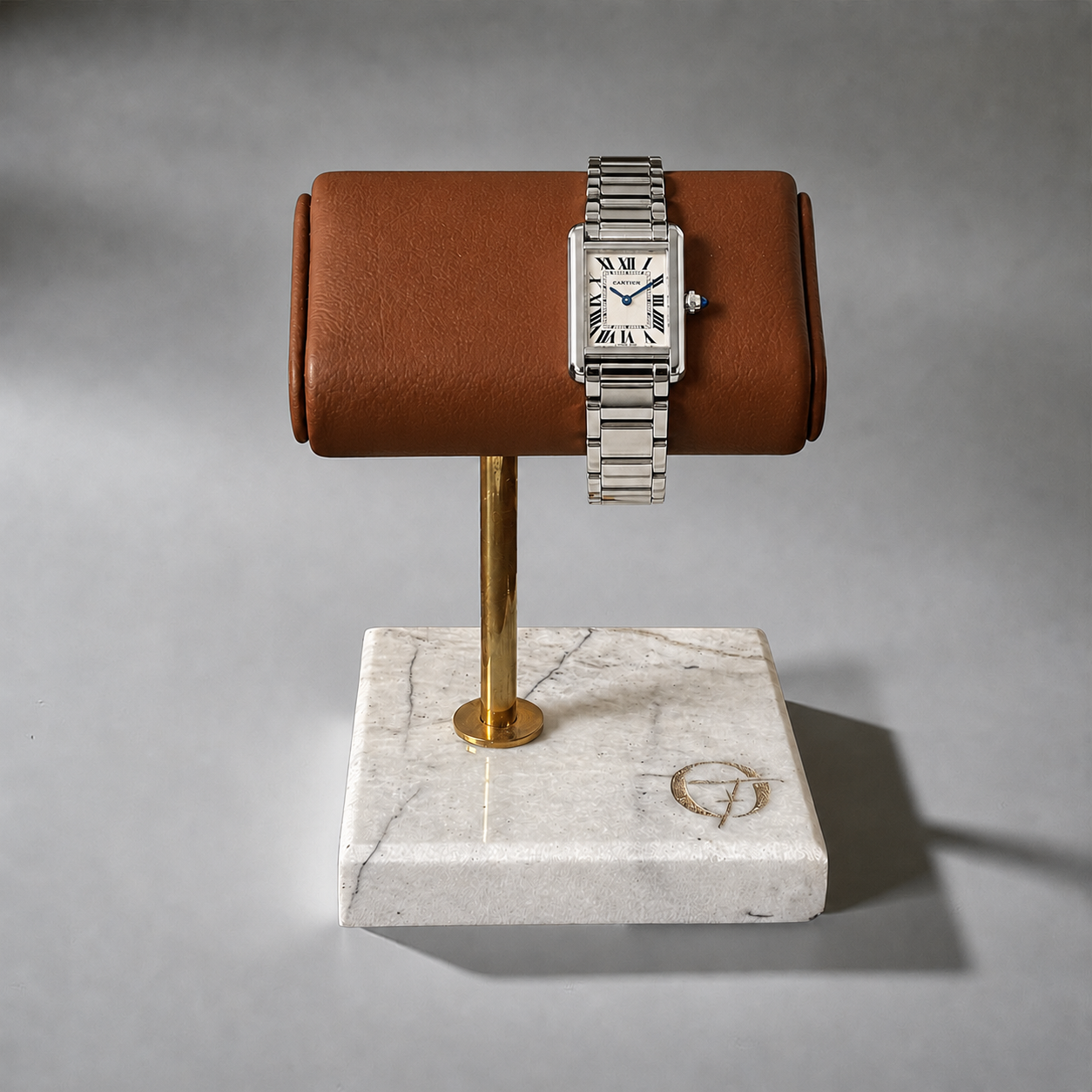 OFL Marble Watch Stand – Cognac Leather (One Watch)
