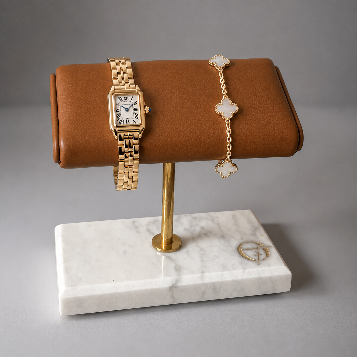 OFL Marble Watch Stand – Cognac Leather (Two Watches)