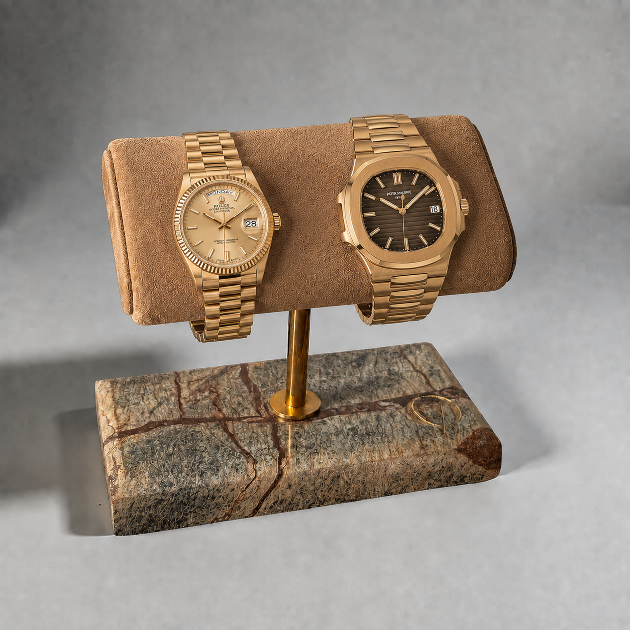 OFL Marble Watch Stand – Suede Brown Leather (Two Watches)