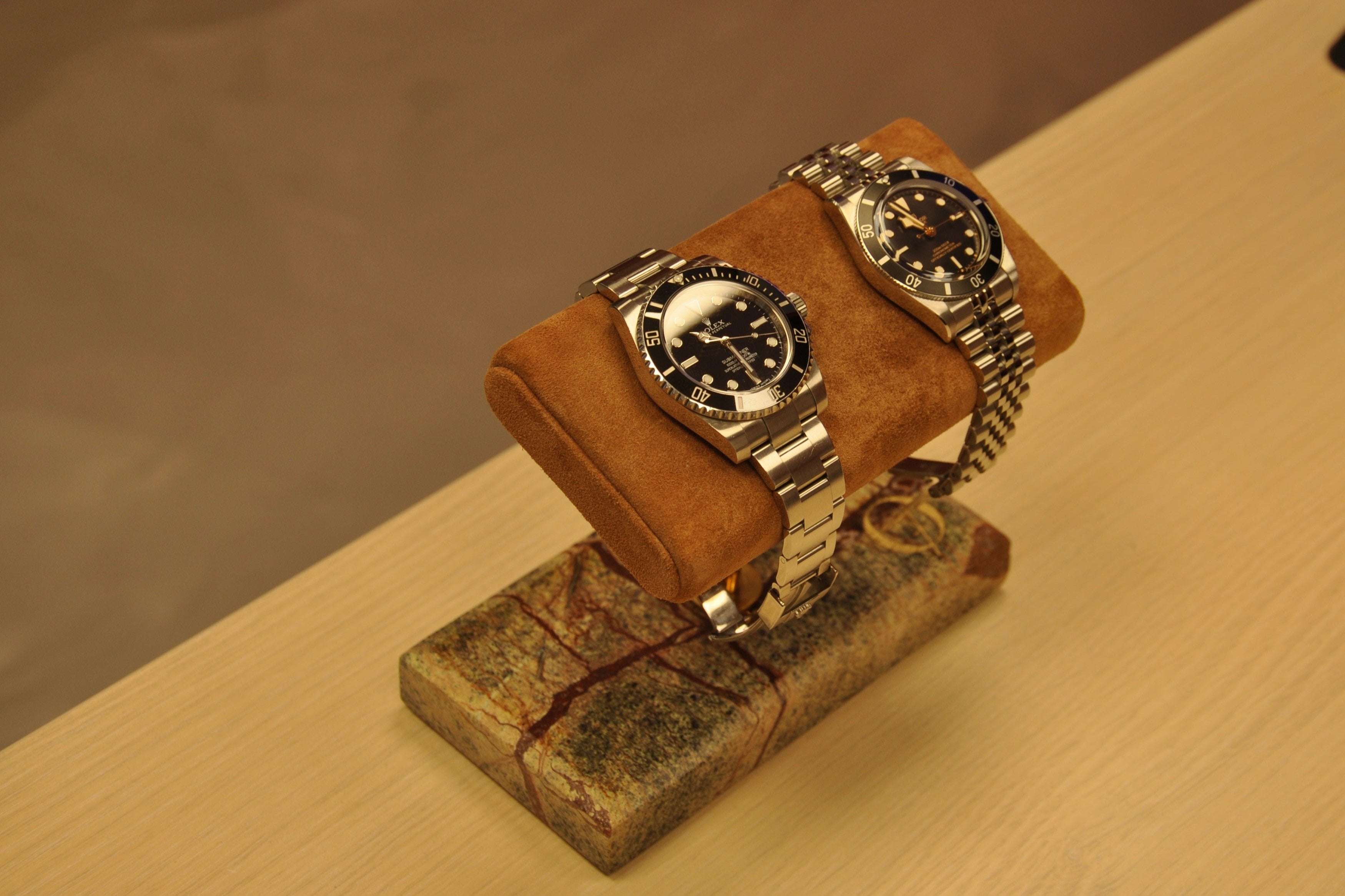 OFL Marble Watch Stand – Suede Brown Leather (Two Watches)