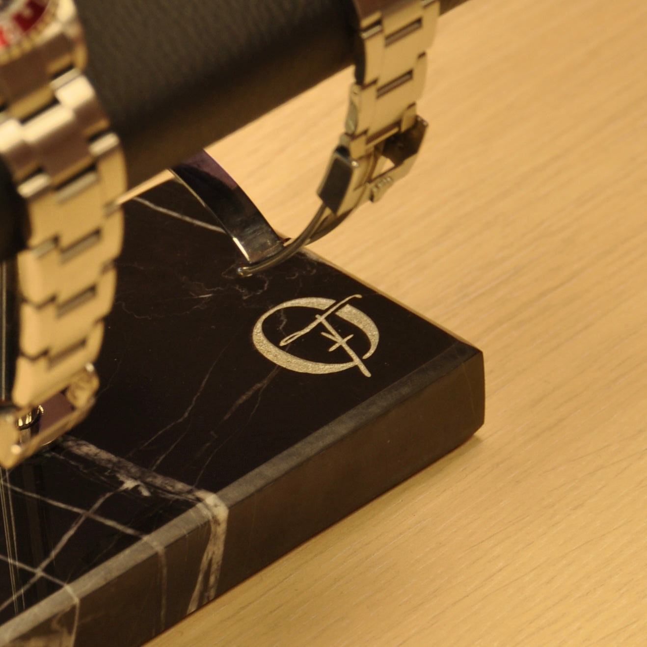 OFL Marble Watch Stand – Black Leather (Two Watches)
