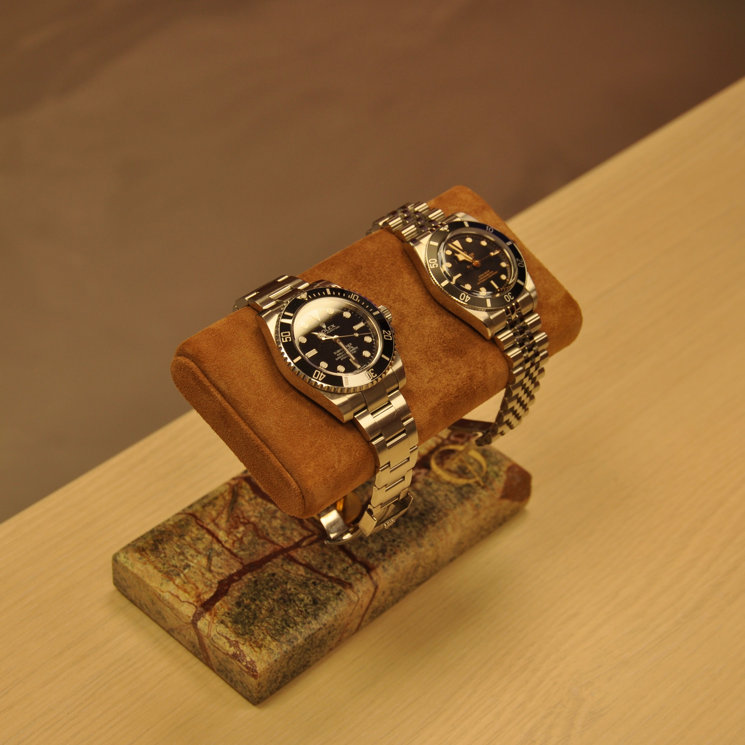 OFL Marble Watch Stand – Suede Brown Leather (Two Watches)