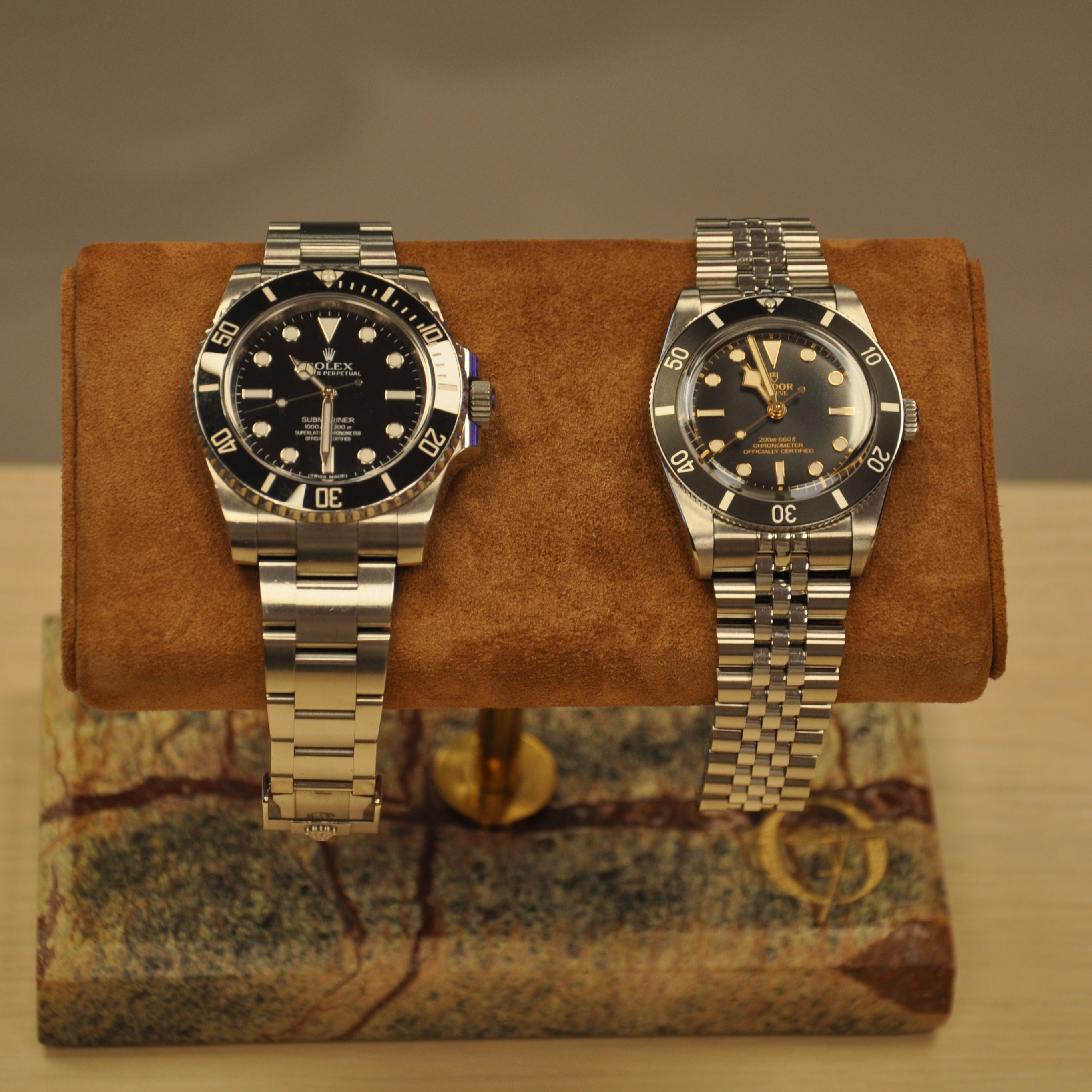 OFL Marble Watch Stand – Suede Brown Leather (Two Watches)