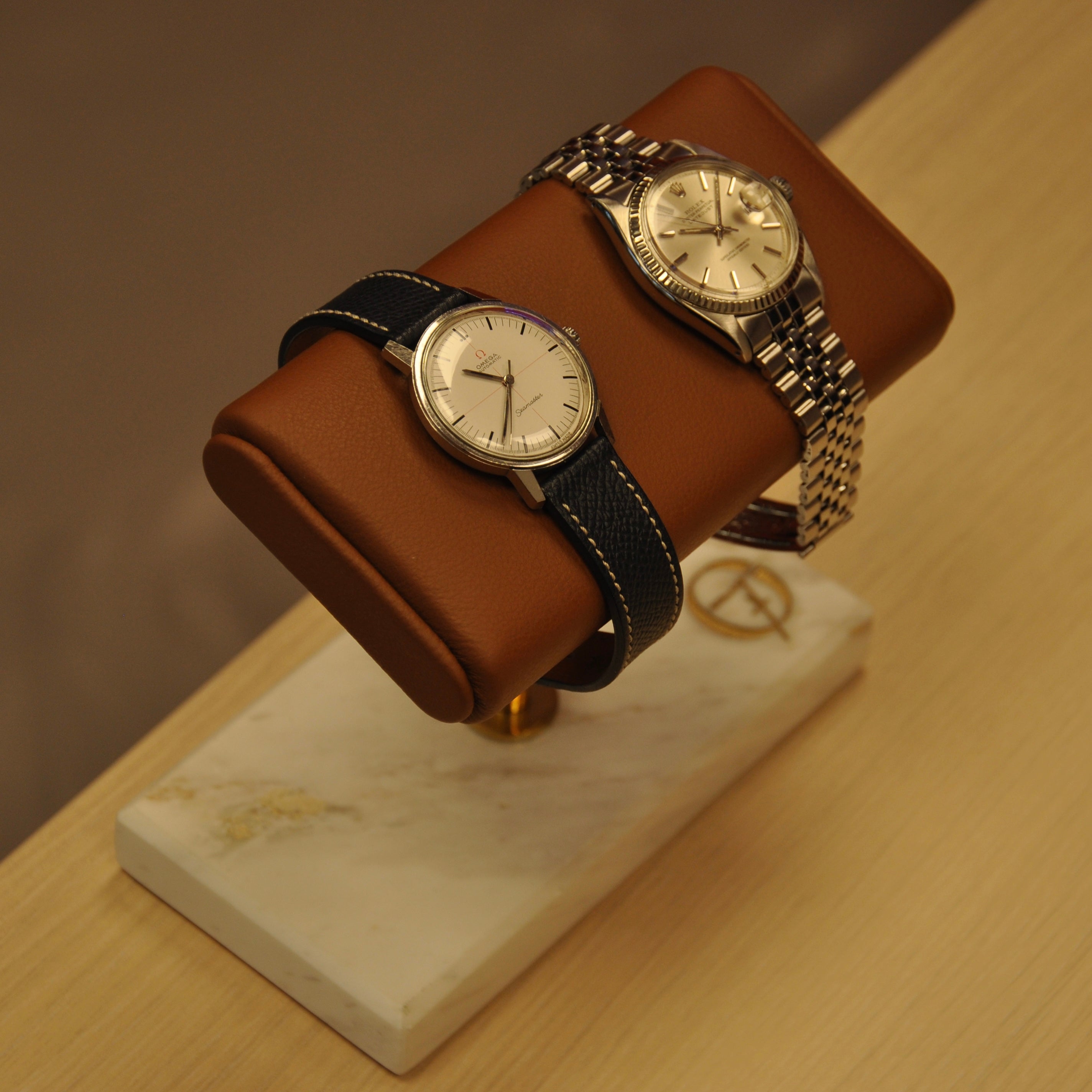 OFL Marble Watch Stand – Cognac Leather (Two Watches)