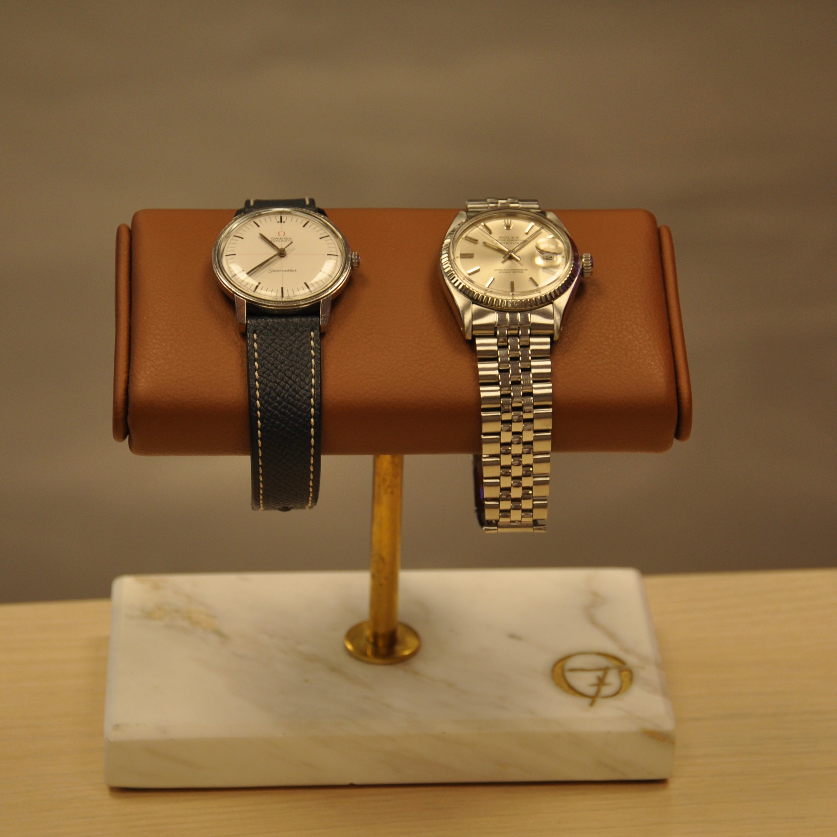 OFL Marble Watch Stand – Cognac Leather (Two Watches)