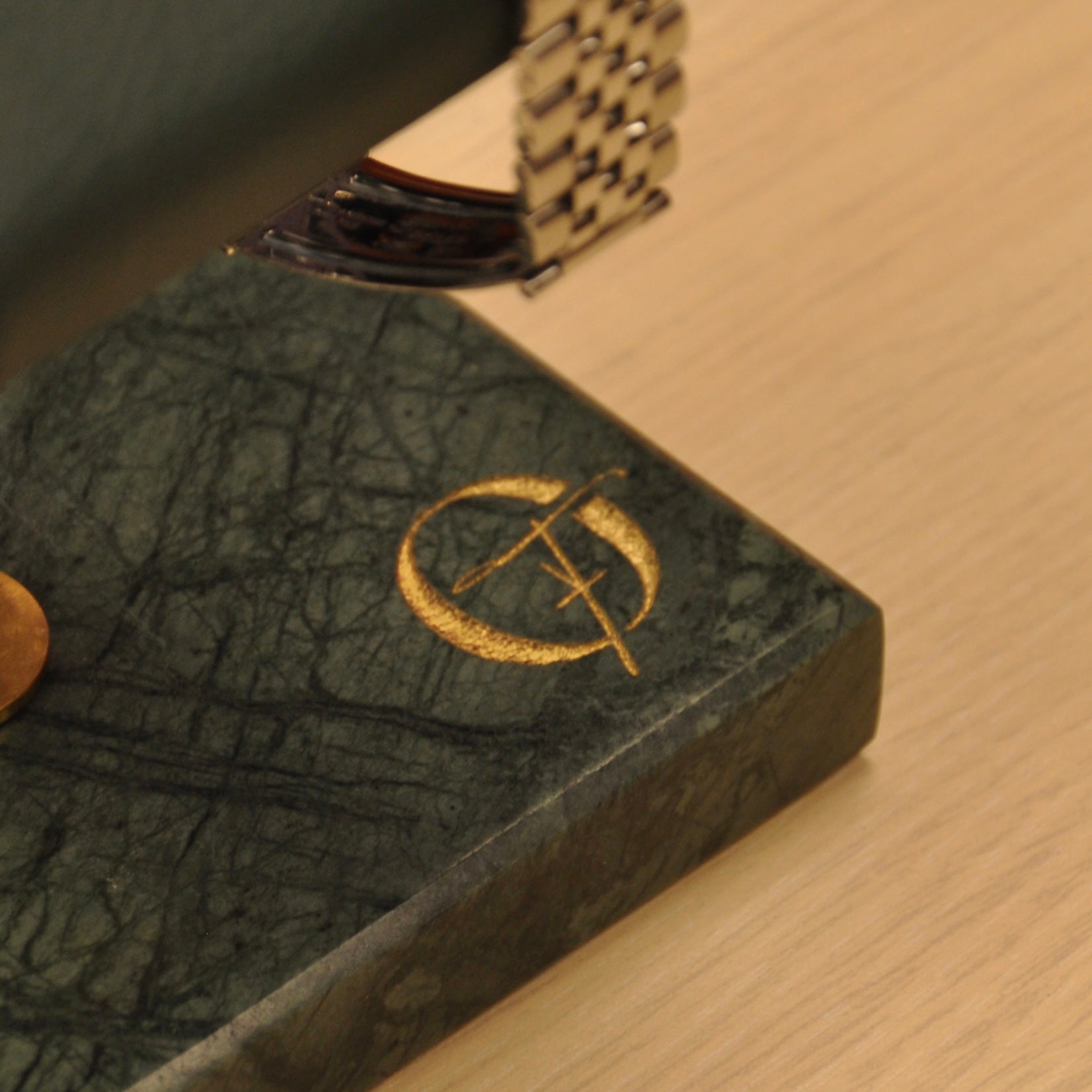 OFL Marble Watch Stand – Emerald Green Leather (Two Watches)