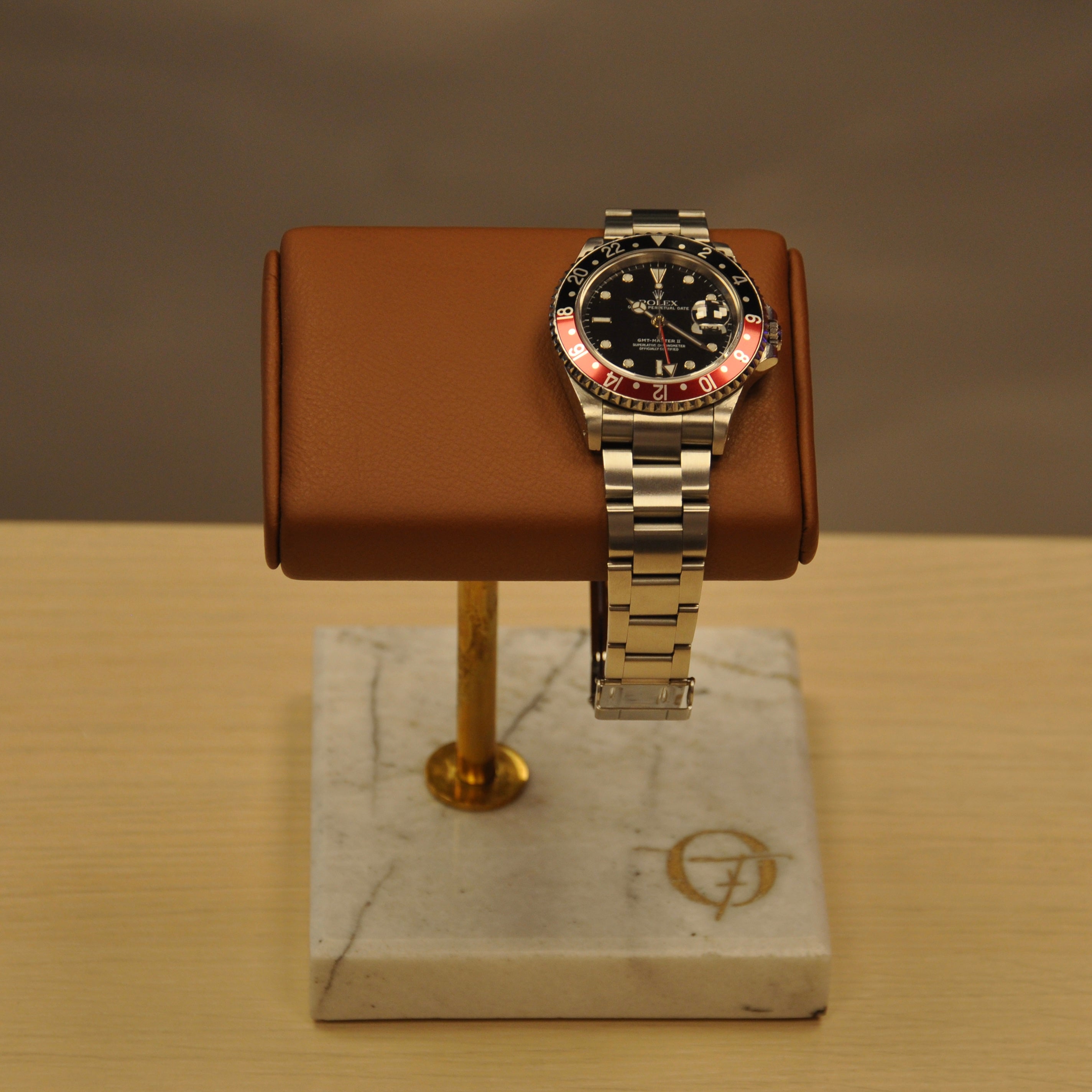 OFL Marble Watch Stand – Cognac Leather (One Watch)