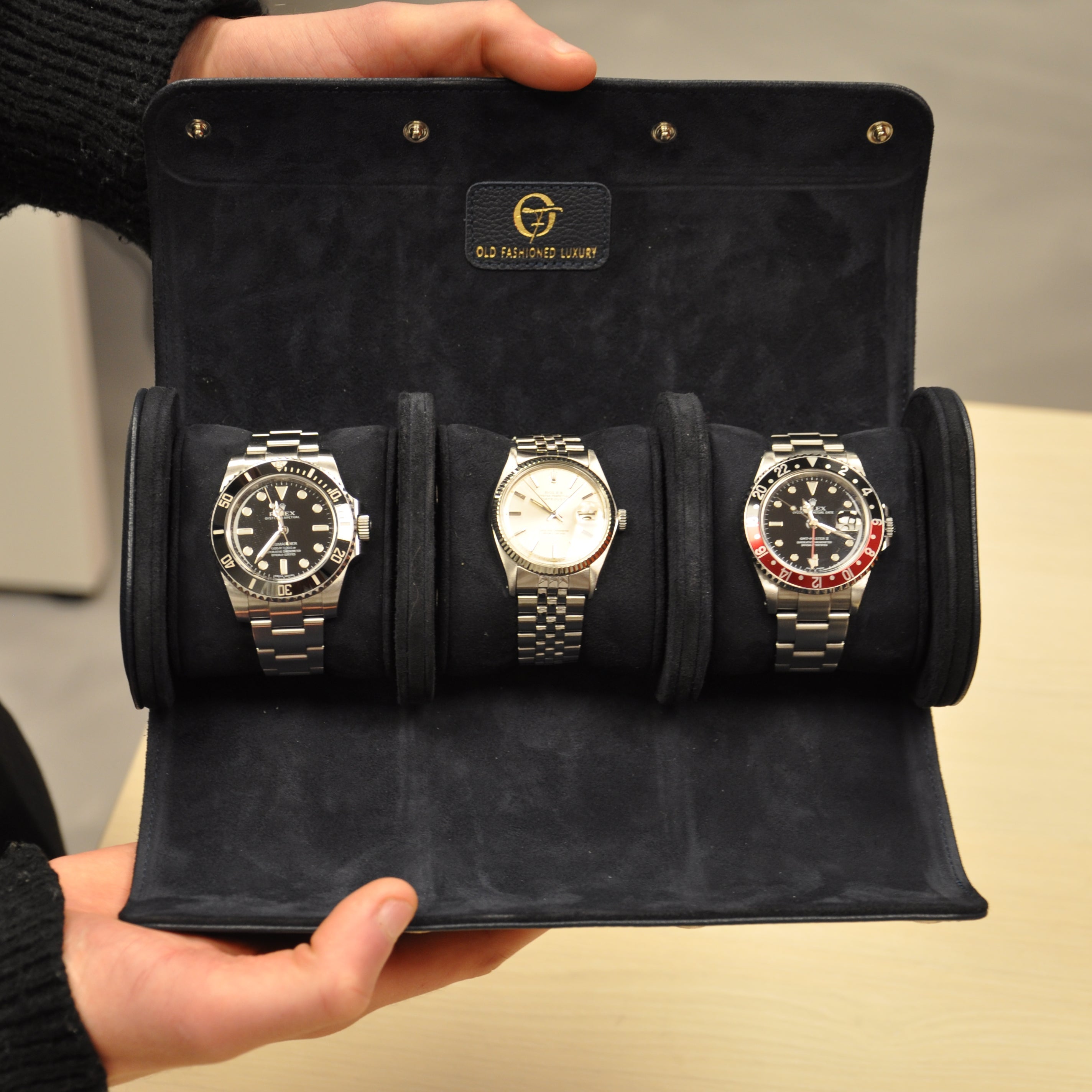 OFL Watch Roll – Navy Blue Leather (3 Watches)