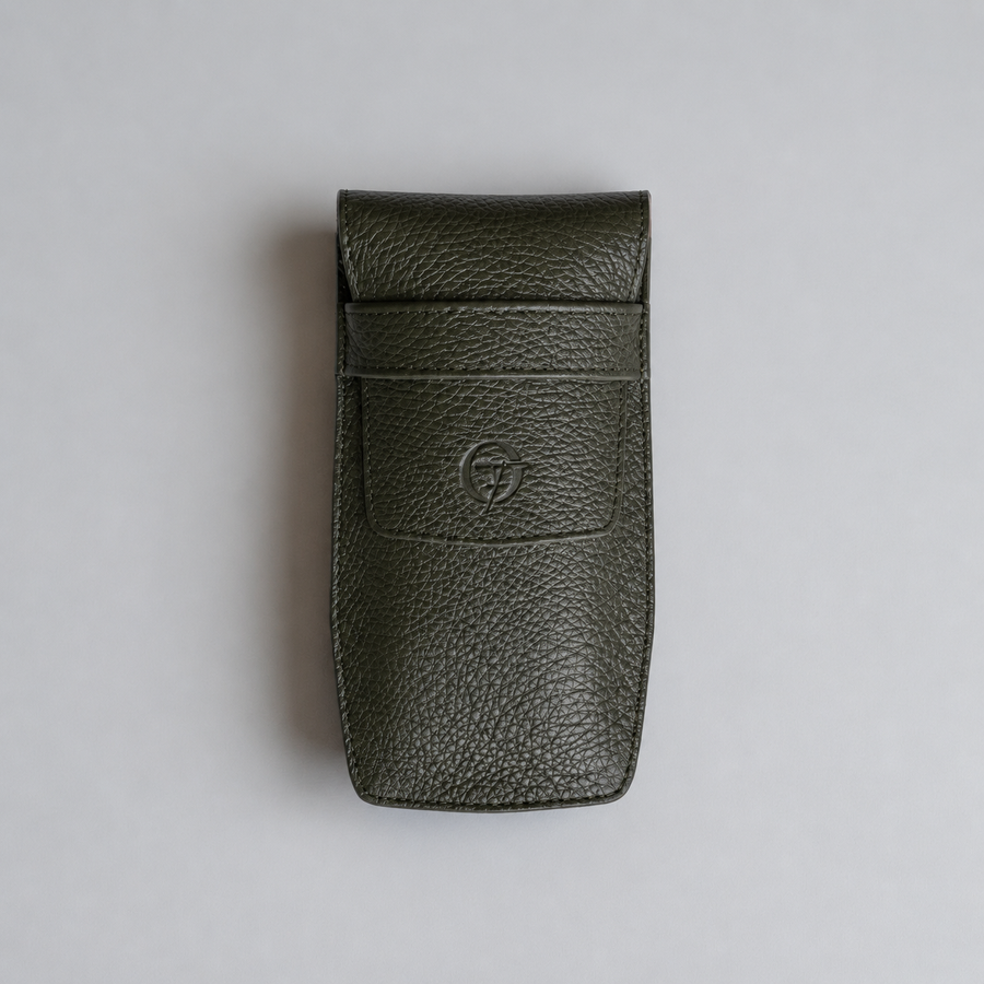 OFL handcrafted olive green leather watch pouch, closed, front view with embossed OFL logo
