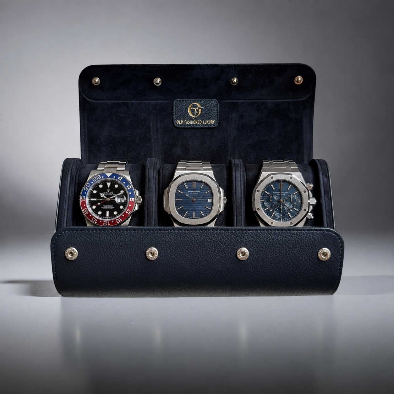 OFL Watch Roll – Navy Blue Leather (3 Watches)