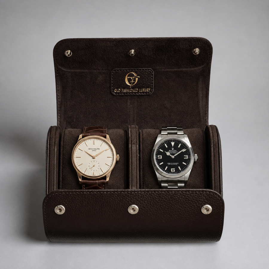OFL handcrafted espresso brown leather watch roll for two watches, open with two luxury watches inside