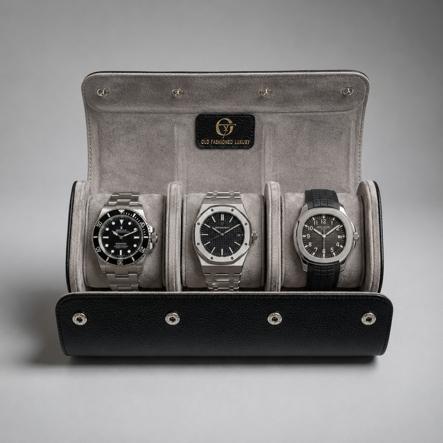 OFL handcrafted black leather watch roll for three watches, open with three luxury watches inside