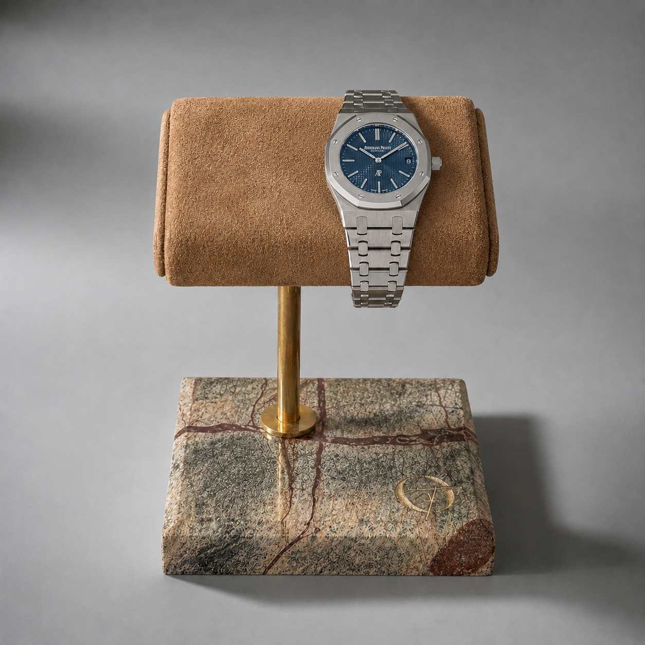 OFL Marble Watch Stand – Suede Brown Leather (One Watch)