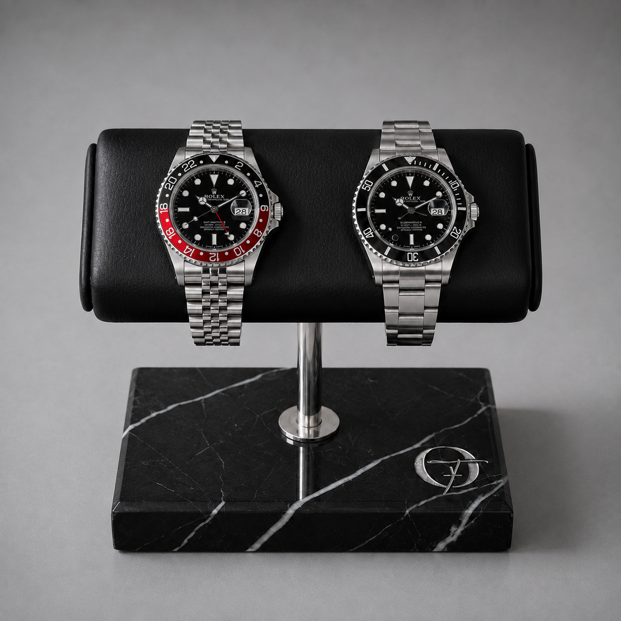 OFL Marble Watch Stand – Black Leather (Two Watches)