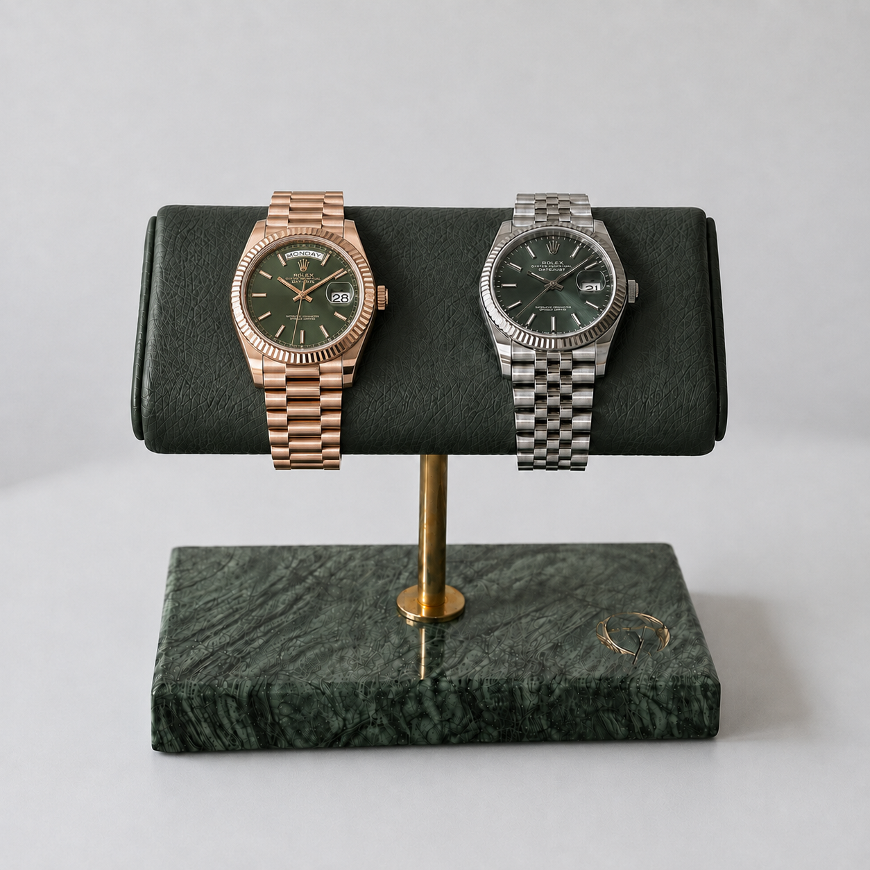OFL Marble Watch Stand – Emerald Green Leather (Two Watches)