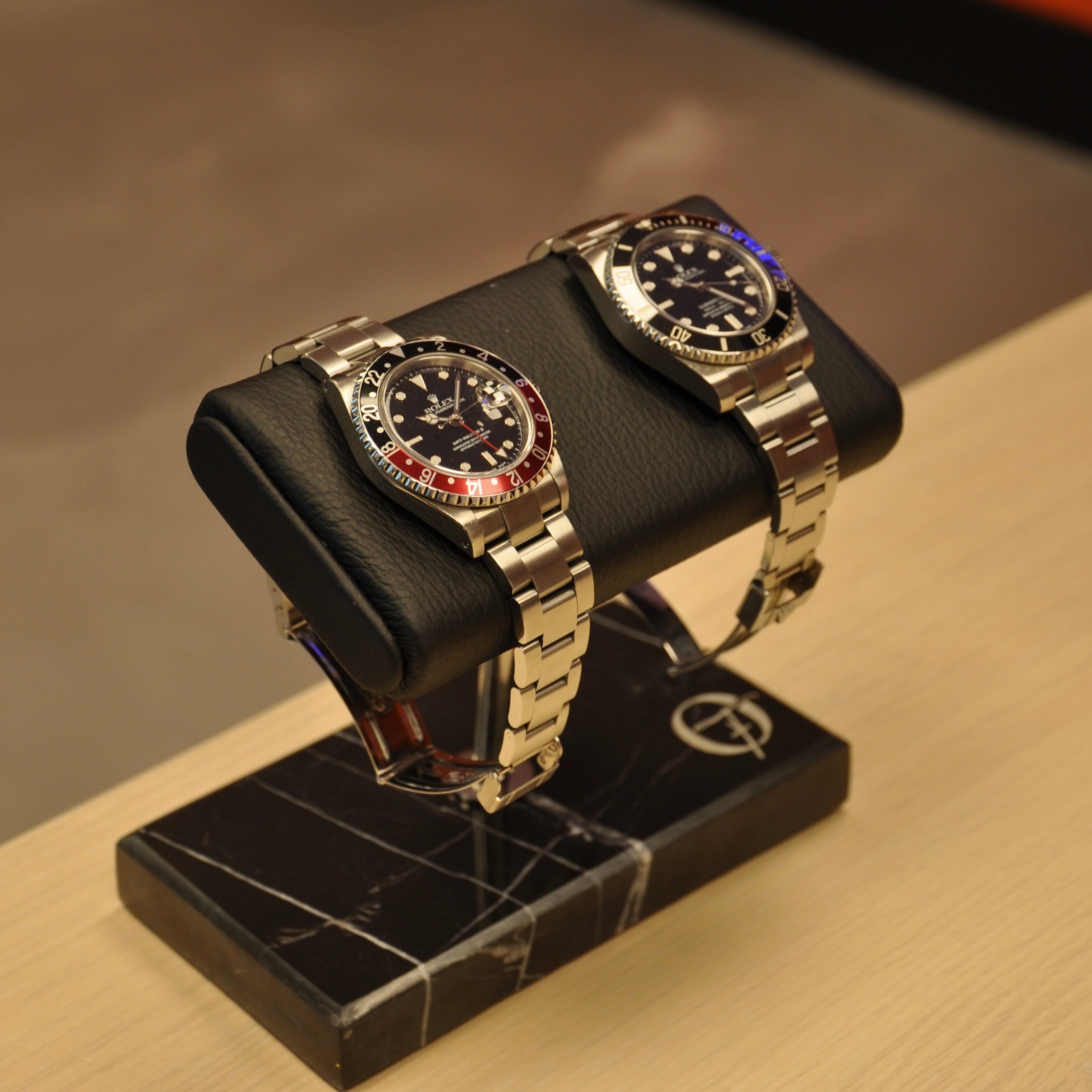 OFL Marble Watch Stand – Black Leather (Two Watches)