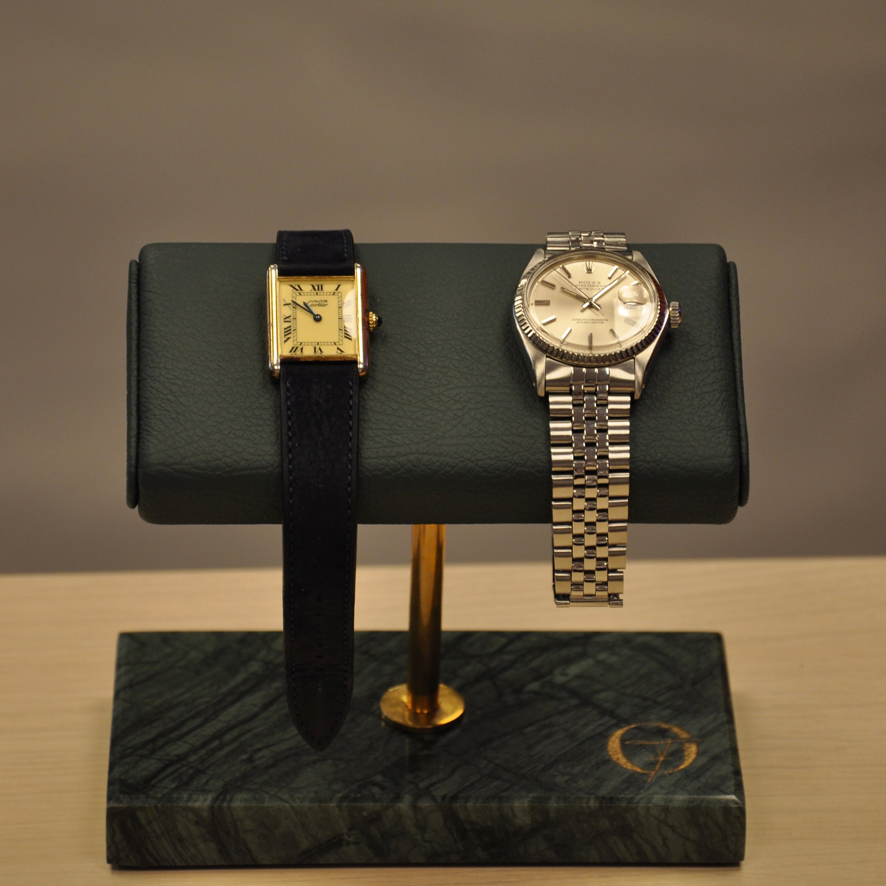 OFL Marble Watch Stand – Emerald Green Leather (Two Watches)