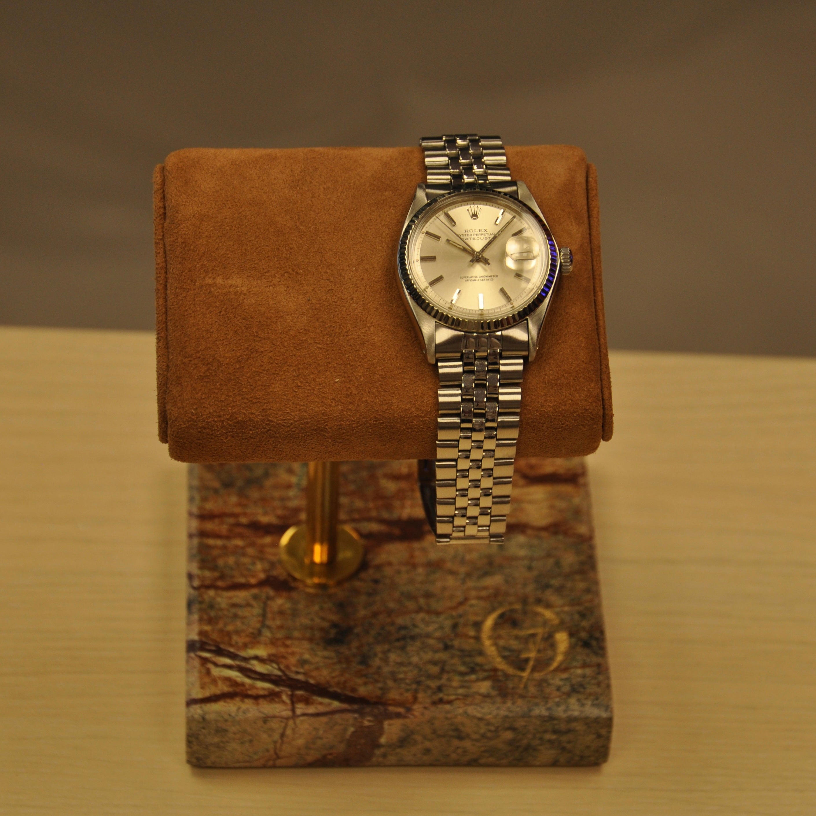 OFL Marble Watch Stand – Suede Brown Leather (One Watch)