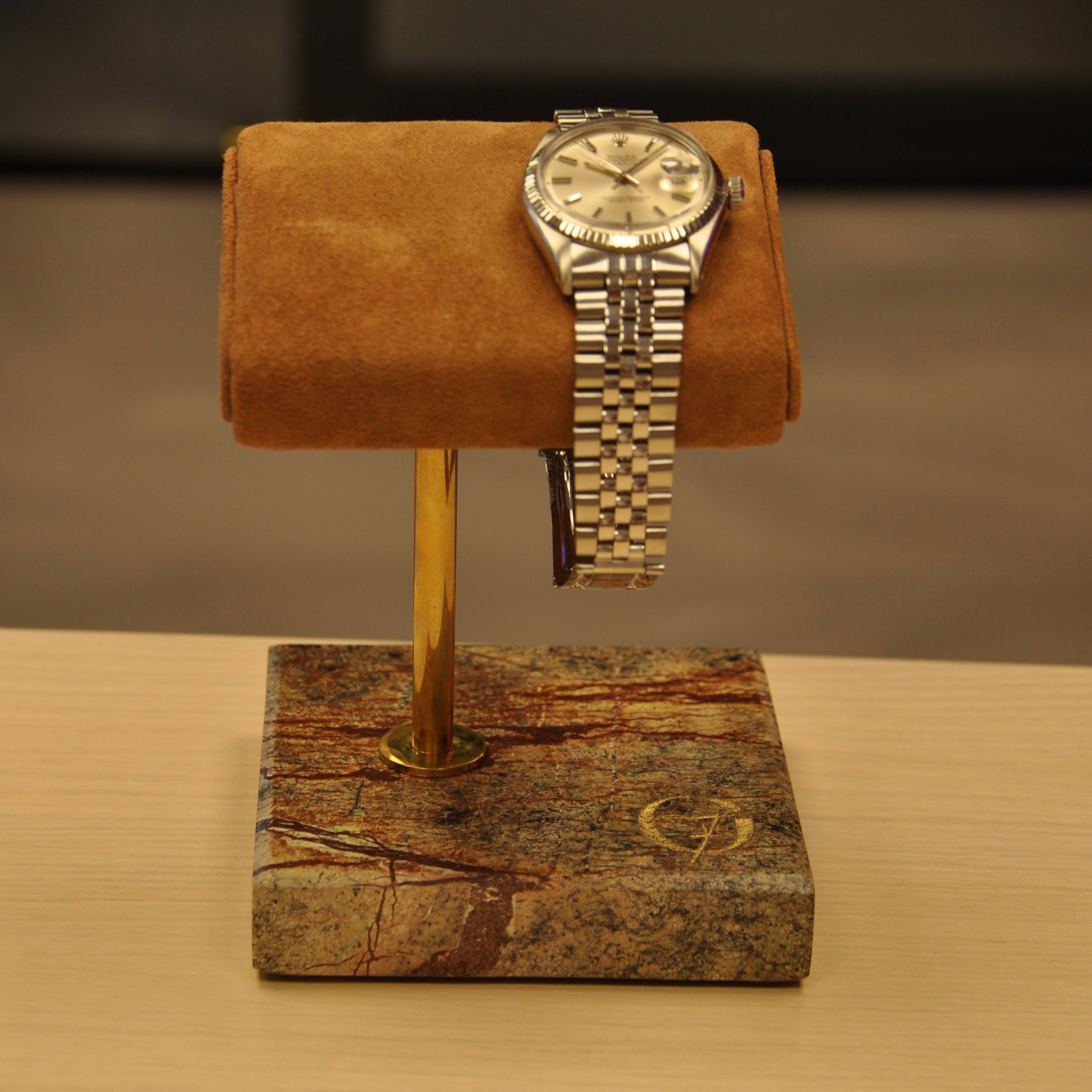 OFL Marble Watch Stand – Suede Brown Leather (One Watch)